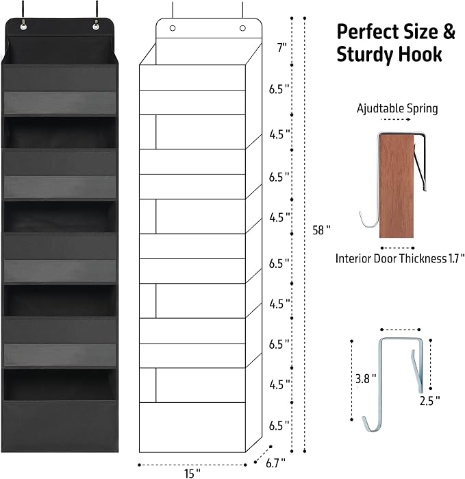 TYMENSH Black Over Door Organizer with 5 Large Clear Pockets and 6 Side Mesh Pockets, Anti-Tilt Hanging Door Storage for Closet, Bathroom, Nursery, Bedroom, Dorm, Toys, Cosmetics