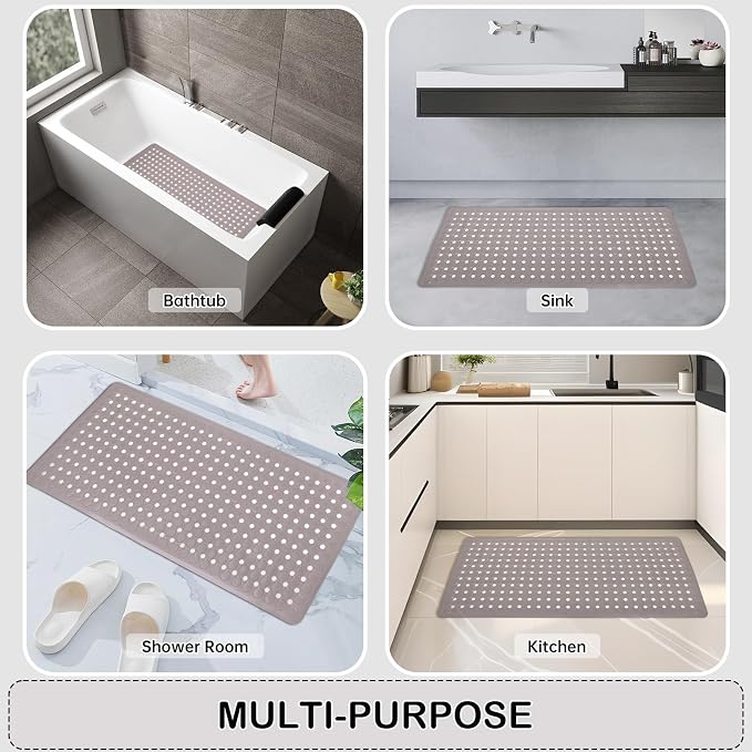 Non-Slip Bathtub and Shower Mats, Power Grip Bath Mat 35 x 16.3 Inch with Suction Cups and Drain Holes for Tub Bathroom Floor Safety, Machine Washable Soft Bathmat, Tan