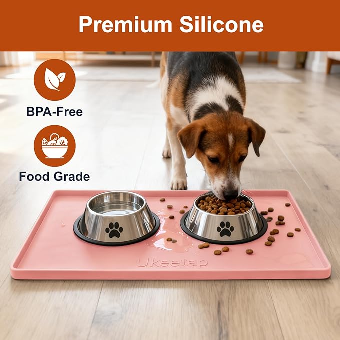ukeetap Extra Thick Silicone Mat Waterproof with Raised Edge 19” x 12”, BPA Free Non-Slip Dog & Cat Food Mat, Feeding Mat for Food and Water Bowls, Spill Proof Mat to Protect Floors, Pink