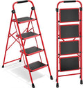 Urackify Step Ladder, 4 Step Ladder with Anti-Slip and Wide Pedal, Portable Foldable Step Stool with Handgrip, Sturdy Step Ladder for Home Kitchen Household, Red