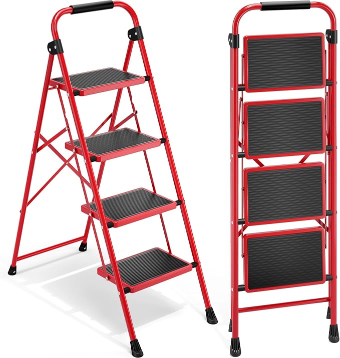 Urackify Step Ladder, 4 Step Ladder with Anti-Slip and Wide Pedal, Portable Foldable Step Stool with Handgrip, Sturdy Step Ladder for Home Kitchen Household, Red