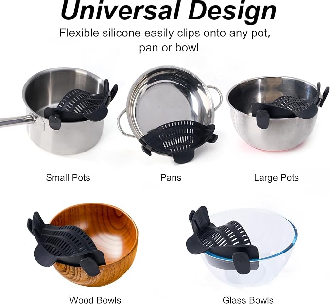 S&F Homes Silicone Clip On Strainer for Pots and Pans - Heat Resistant, Food, Noodle, Meat, Fruits, Vegetables and Pasta Strainer - Versatile Kitchen Gadget and Colander (Black)