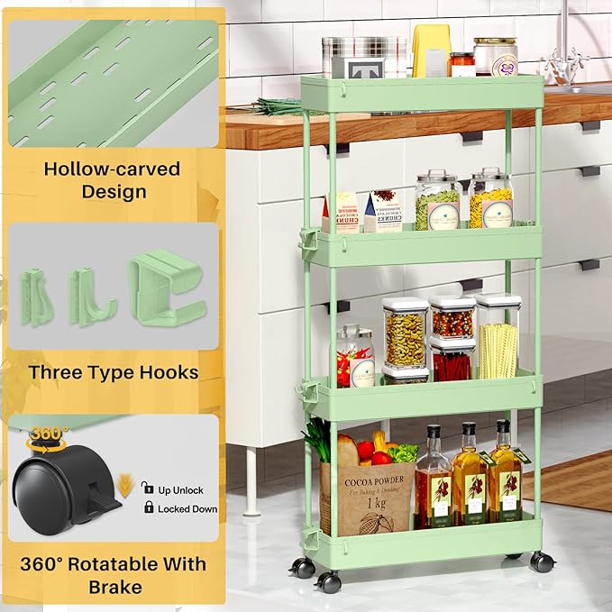 SPACEKEEPER Slim Rolling Storage Cart 4 Tier Bathroom Organizer Utility Cart Mobile Shelving Unit Tower Rack for Kitchen, Laundry Room, Bathroom, Narrow Places, Green