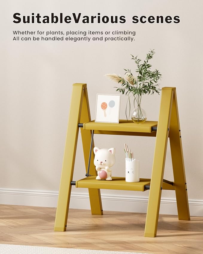 2 Step Ladder, Aluminum Lightweight Folding 2 Step Stool with Anti-Slip Wide Pedal,330lbs Capacity Steel Ladder for Household and Office(Soft Dusk Yellow)