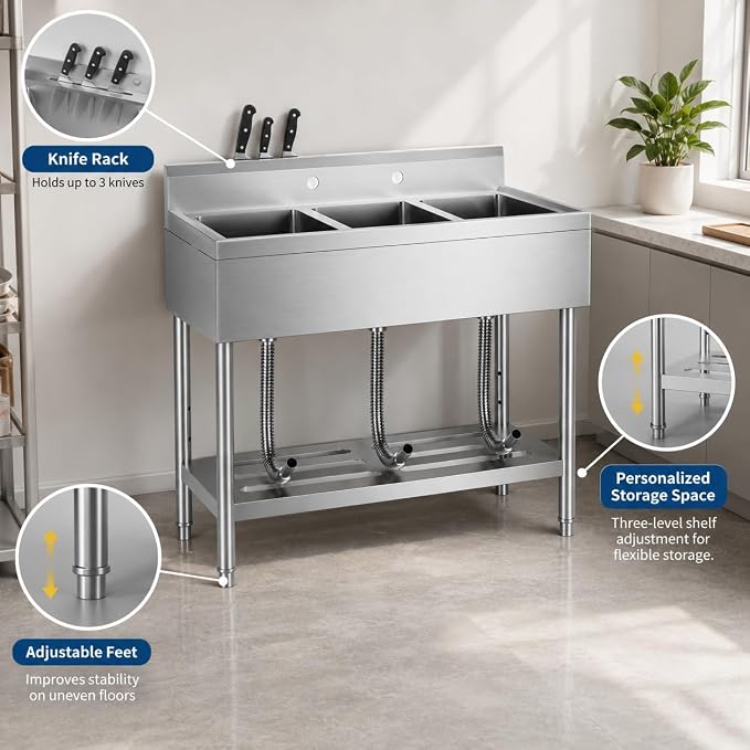 Stainless Steel Utility Sink, 39 x 19 x 33 Inch Freestanding Single Bowl Laundry Sink With Workbench Top, Deep Basin for Garage, Basement, Laundry Room, Faucet-Ready Design