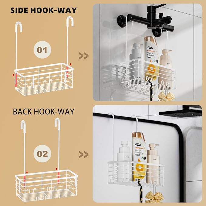 SHANSHUI Shower Caddy Hanging Bathroom Organizer Basket, Shampoo Bracket, Over Door Showers Caddy with Hooks, 304 Stainless Steel Rust Proof Rack- White
