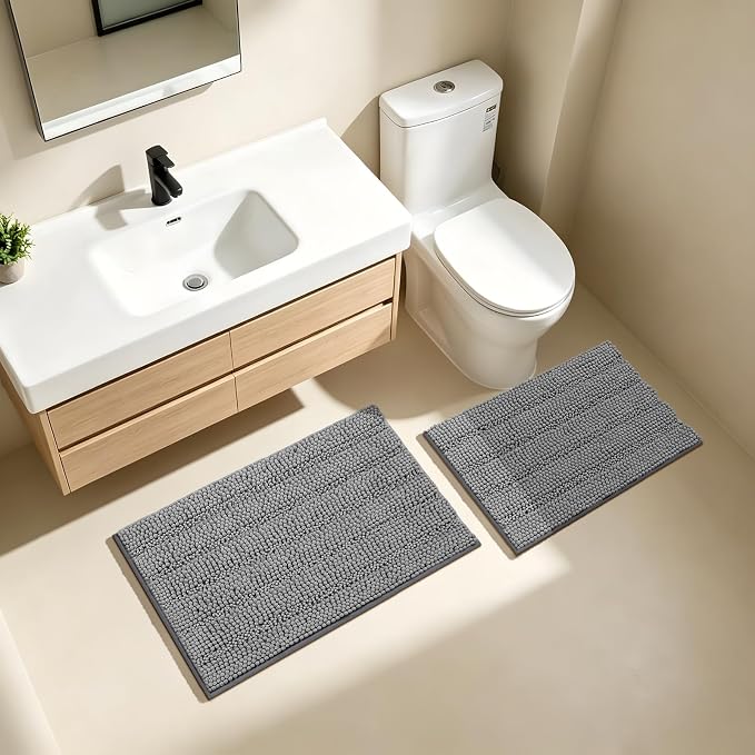 Bcoimo Bathroom Rug Set, Chenille Bath Mat Set with High Low Pile Design, Soft Absorbent Non Slip Bathroom Rugs, Machine Washable Quick Dry Mats for Shower, Tub, Sink and Vanity
