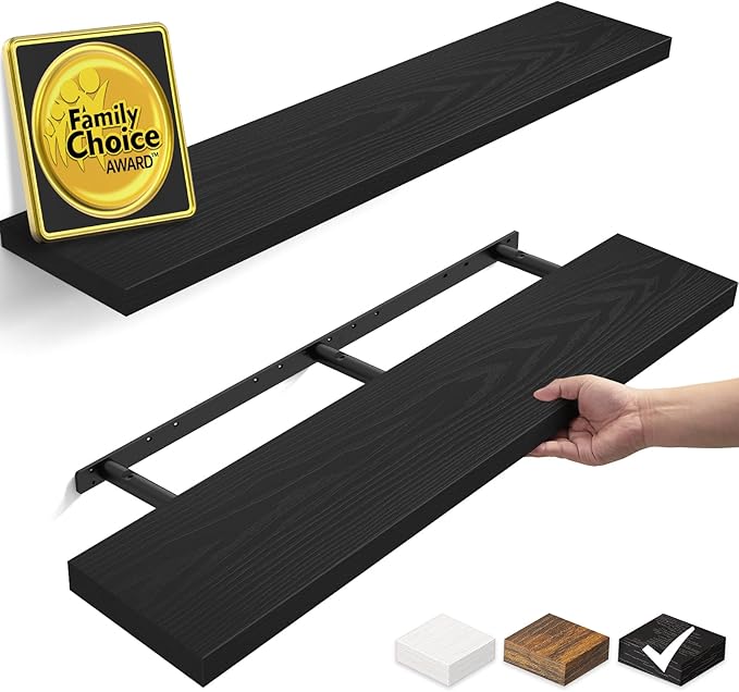BAYKA Floating Shelves Set of 2, 47.2 inches Long Heavy Duty Wall Mounted Rustic Wood Shelves for Bathroom, Bedroom, Living Room, Kitchen, Office, Hanging Shelf for Books/Storage/Decor, Black