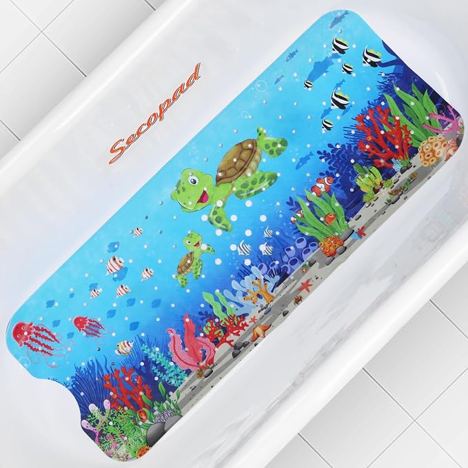 Secopad Bath Mat for Tub Non Slip, Machine Washable Anti-Slip Cartoon Baby Bathtub Shower Mat with Drain Holes and Suction Cups for Toddler & Kids (40 Inch x 16 Inch-Rectangular, Turtles)