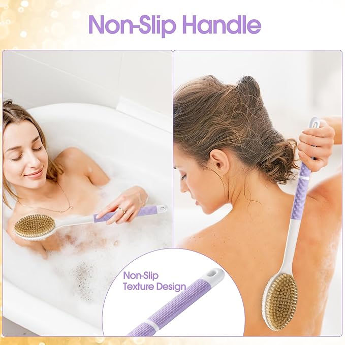 Backski Back Scrubber Anti Slip for Shower, Long Handle Bath Brush with Stiff and Soft Bristles for Exfoliation, Dual-Use Shower and Dry Body Brush(Purple)