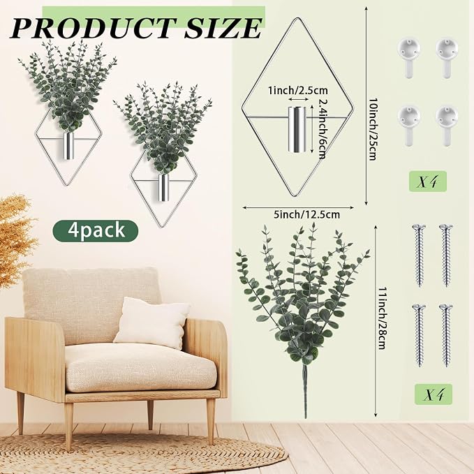 Jexine 4 Pcs Hanging Planters with Artificial Eucalyptus Metal Hanging Vase Indoor Plants Holder Modern Geometric Boho Bathroom Wall Decor for Living Room Home Office (Eucalyptus,Silver)
