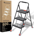 DIAMONDFORGE 3 Step Ladder Foldable Folding Stool - for Home Adults Kitchen, Iron, Black, Extension Tall Heavy Duty with Handrails - Closet Stepstool Extendable Stepladder for Indoor House 800 lbs