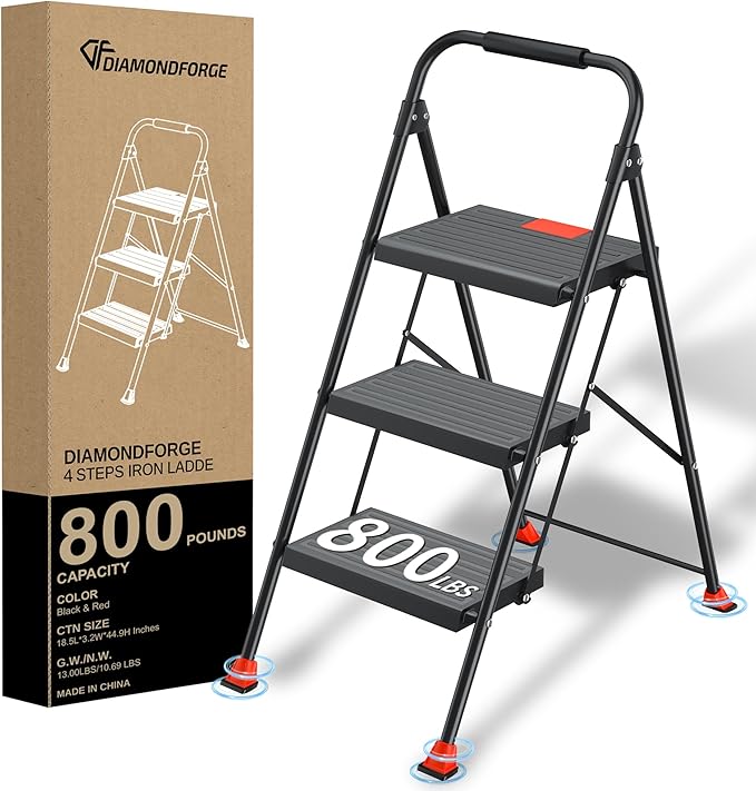 DIAMONDFORGE 3 Step Ladder Foldable Folding Stool - for Home Adults Kitchen, Iron, Black, Extension Tall Heavy Duty with Handrails - Closet Stepstool Extendable Stepladder for Indoor House 800 lbs