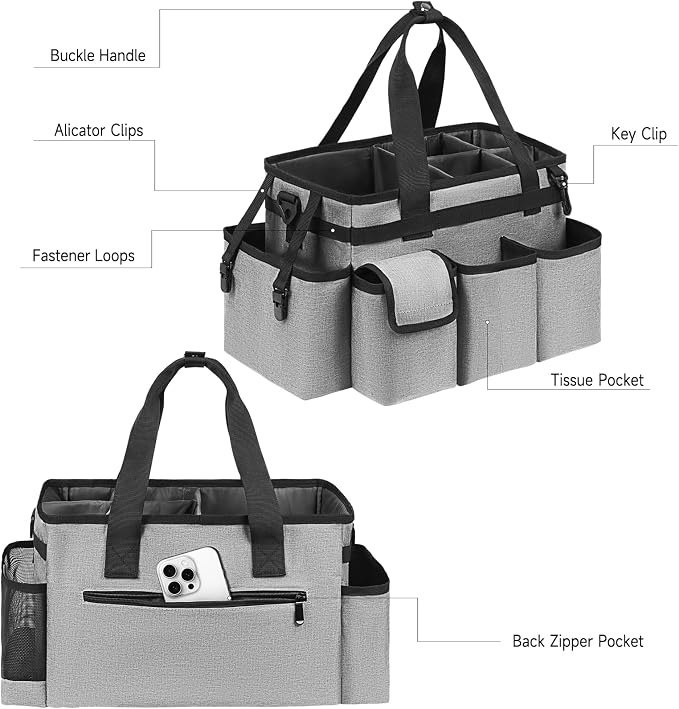 Cleaning Caddy,Cleaning Bag for Housekeepers,Cleaning Supplies Organizer with Handle,Gray