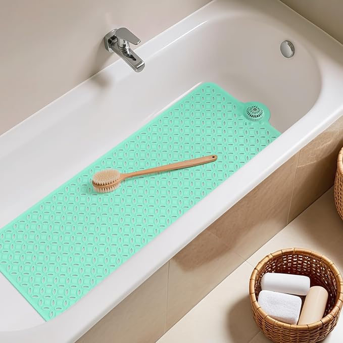 OTHWAY Bath Mat for Tub Non Slip: 39" X 17" Long Bathtub Mat with Hair Catcher│Big Drain Holes Shower Mats for Inside Shower│Machine Washable (Light Green)