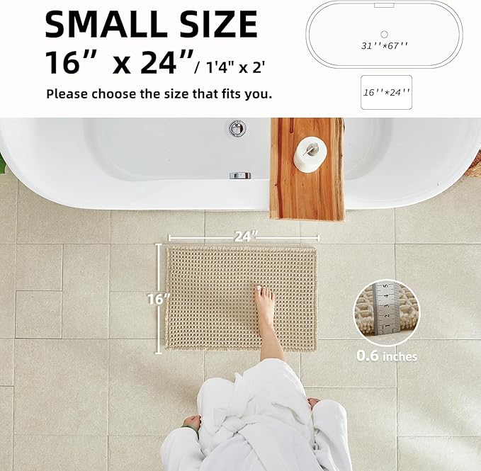TYUU Pale Beige Bathroom Rug, Waffle Bath Mat Non Slip Washable Super Absorbent Quick Dry Boho Farmhouse Bathroom Decor, 24''x16'' Pale Beige