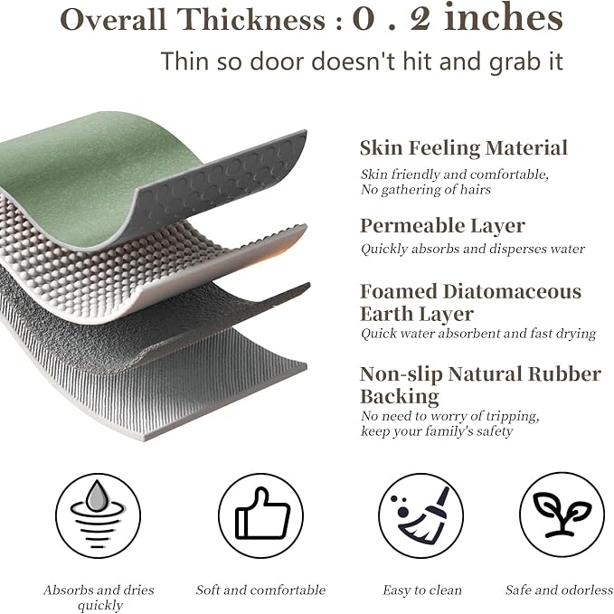 RUERYA Diatomaceous Earth Bath Mat 17" x 59" Extra Long Bathroom Mat Large Fast Dry Super Absorbent Non-Slip Rubber Backed Shower Mat Bath Rugs Mats for Bathroom Floor, Tub, Shower, Sink, Sage Green