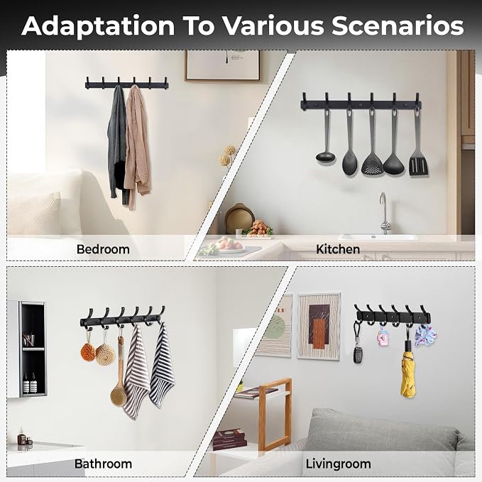 Dntorx Coat Rack Wall Mount, 1 Pack Coat Hooks Hanger Wall Double Hook Rack Rail Towel Hat Rack Entryway Bathroom Hanger Organizer for Robes, Clothes, Bags, Hat(Black)