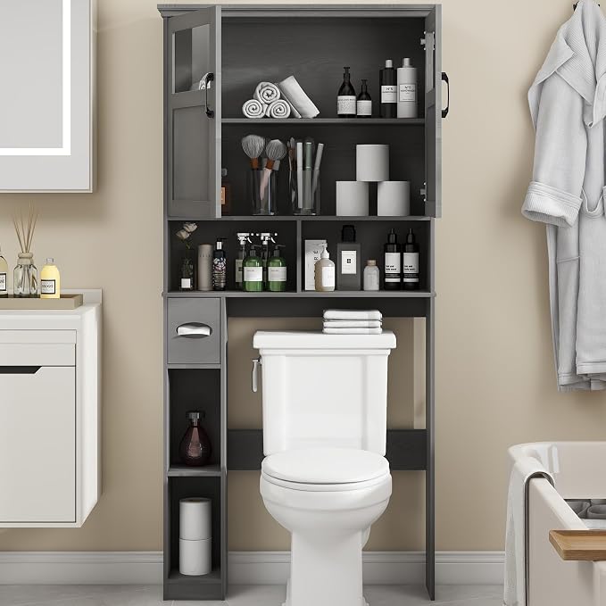 Over The Toilet Storage Cabinet With Double Doors & Paper Holder Stand, Freestanding Shelf Space Saver, Anti-Tip Design & Adjustable Shelf, Natural Grey