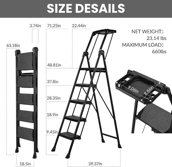 XinSunho 5 Step Ladder, Foldable Handrail & Tool Tray Stool Ladders with Anti-Slip Wide Pedal, 660 lbs Sturdy Steel Ladder for Home Kitchen and Outdoor