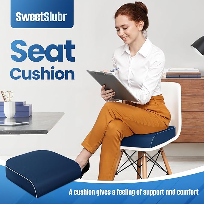 SweetSlubr Seat Cushion for Tailbone Pain Relief, Office Chair Cushion, Memory Foam Large Chair Cushion with Non-Slip Cover for Soft Support at Office Chair, Car Seat, Airplane Dark Blue/Large