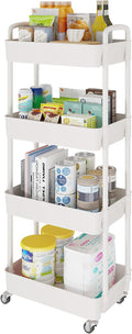 Laiensia 4-Tier Storage Carts,Multifunction Utility Rolling Cart Kitchen Storage Organizer,Mobile Shelving Unit Cart with Lockable Wheels for Bathroom,Laundry,Living Room,With Classified Sticker,White
