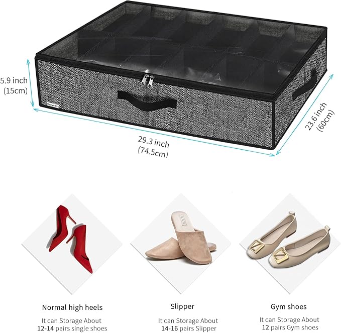 Onlyeasy Under Bed Shoe Storage Organizer with Sturdy Handles and Clear Window 1 Pack Fits 12 Pairs, Premium Foldable Underbed Shoes Container Box for Closet, Linen-like Black, MXAUBSB1P