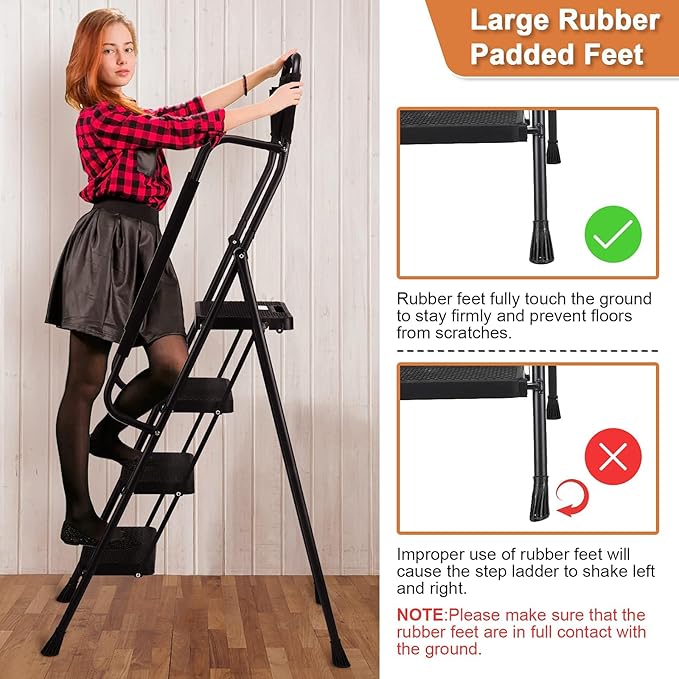 HBTower 4 Step Ladder with Handrails, 330 lbs Folding Step Stool with Attachable Tool Bag & Anti-Slip Wide Pedal for Home Kitchen Pantry Office, Black