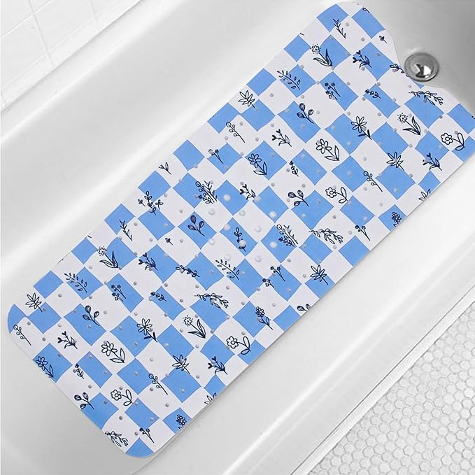Bathtub Mat Non Slip 40x16 Inch Extra Long Bath Mat, Blue Floral Modern Art Shower Mat Non Slip Bath Mat for Tub Anti Slip with Large Drain Holes and Suction Cups, Rustic Flowers Design Bathroom Mat
