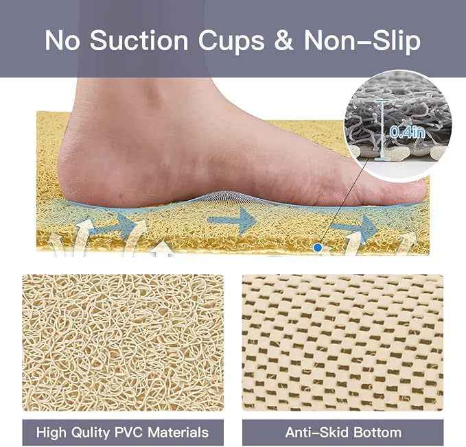 Shower Mat Non Slip,Soft Bath Mat with Drain,Quick Drying PVC Loofah Bathtub Mat for Bathroom,Without Suction Cups,24 x 24 Inch (Beige Yellow)