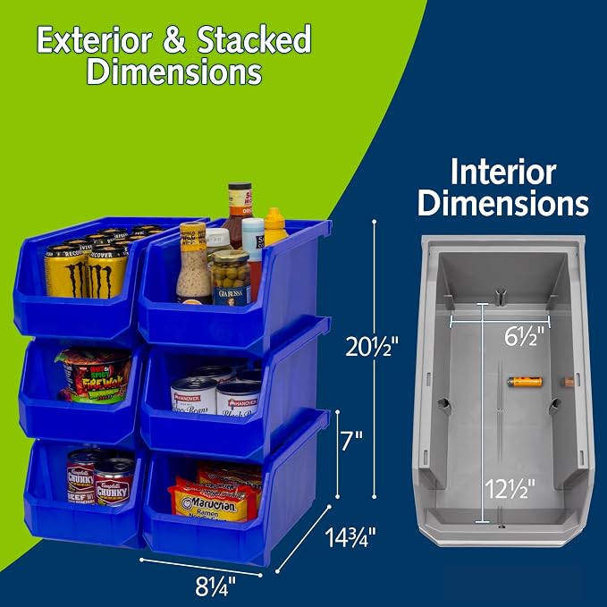 ReadySpace Plastic Containers for Organizing and Storage Bins for Closet, Kitchen, Office, Garage or Pantry Organization, Stackable Bins, Large (14.8" x 8" x 7"), 6-Pack, Blue