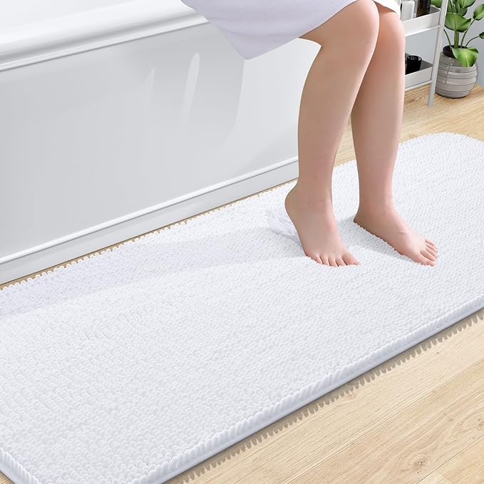 OLANLY Bathroom Runner Rugs 70x24, Extra Soft Absorbent Chenille Bath Rugs, Rubber Backing Quick Dry, Machine Washable Long Bath Mats for Bathroom Floor, Tub and Shower, Home Decor Accessories, White