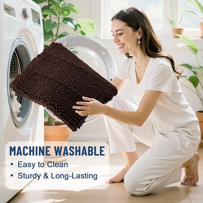 Grandaily Chenille Striped Bathroom Rugs 59x20, Extra Thick and Soft Absorbent Bath Mats, Rubber Backing, Plush Shaggy Shower Carpet, Machine Wash Dry, Bath Rug for Bathroom, Dark Brown