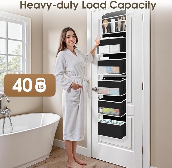 SpaceHacks 6-Tier Over The Door Organizer Hanging Storage Organizers with Clear Window 40lb Large Capacity Room Organizer for Pantry Bathroom Nursery Closet(Black)