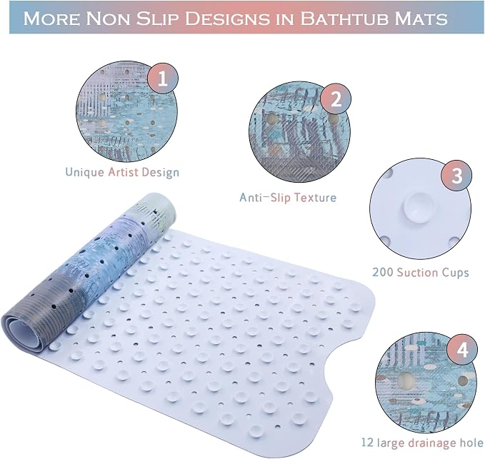 Turquoise Bathtub Mat Non Slip 40x16in Extra Long Anti Slip Bath Mat for Tub Modern Tub Mat Abstract Art Bath Tub Shower Mat with Large Drain Holes and Suction Cups Textured Quality Bathroom Decor