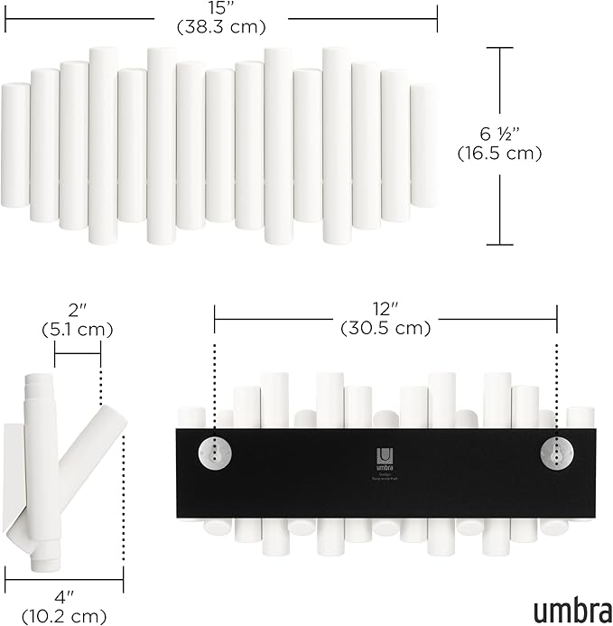 Umbra Picket Wall-Mounted Coat Rack Rail Hook with 5 Retractable Wood Pegs – Modern, Space-Saving Storage Organizer, White