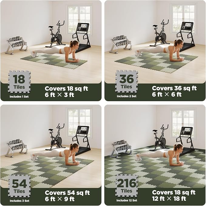 AIRHOP 18 PCS Gym Floor Mat, EVA Foam Puzzle Gym Mat, High-Density Interlocking Foam Floor Tiles for Home Gym, Play Workout Garage Kitchen Flooring 12.6"x12.6"x0.4"