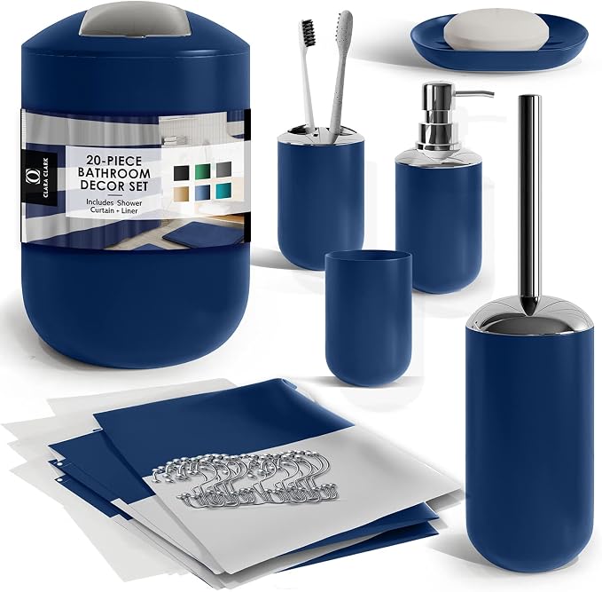 Clara Clark Bathroom Set - Navy Bathroom Accessories Set, 20PC Bathroom Accessory Set, Shower Curtain Set with Liner, Toothbrush Holder, Soap Dispenser, Soap Dish, Toilet Brush Holder, and Trash Can