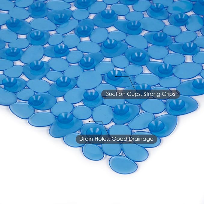 WELTRXE Non Slip Bathtub Mat, 35 x 16 Inches Bathroom Pebbles Shower Mat with Suction Cups, Drain Holes, Suction Bath Mats for Tub Machine Washable - Clear Blue