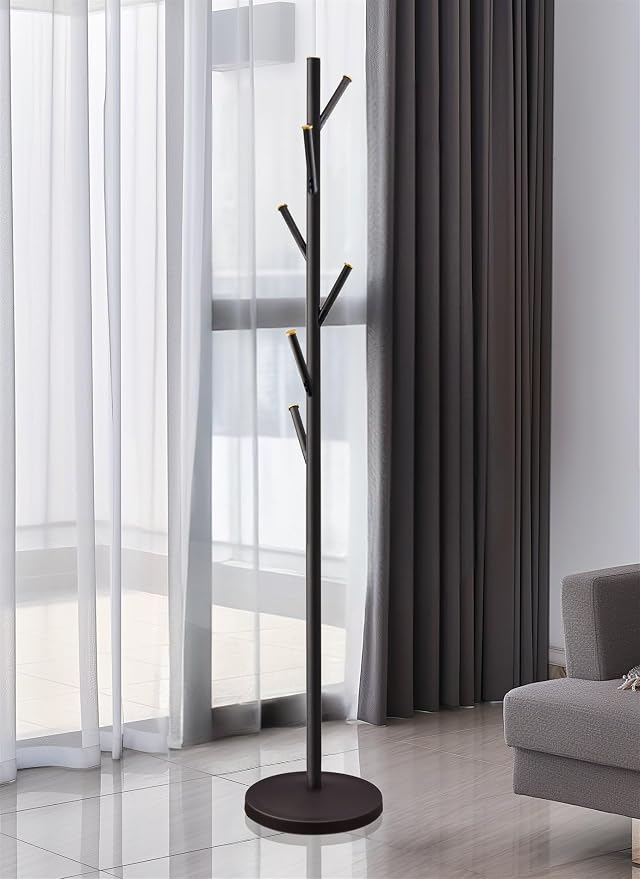 Kira Home Addison 68" Modern Standing Coat Rack with 6 Hanging Hooks, Sleek Metal Coat Stand with Weighted Base and Gold Accents, Oil Rubbed Bronze Finish