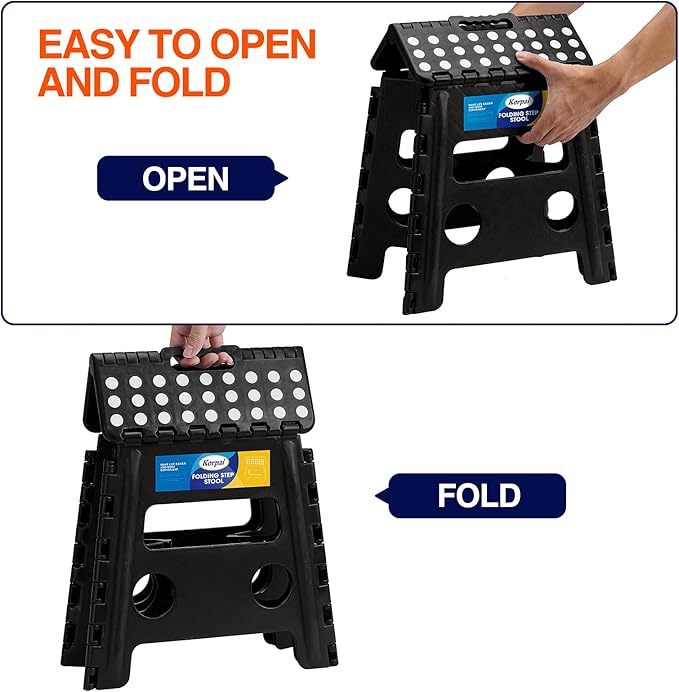 Korpai Folding Step Stool 13 inch,Stepping Stool for Adults and Kids Holds Up to 300 lbs,Non-Slip Kitchen Step Stool with Handle,Plastic Collapsible Stool for Bathroom,Kitchen ect,Black,1PC