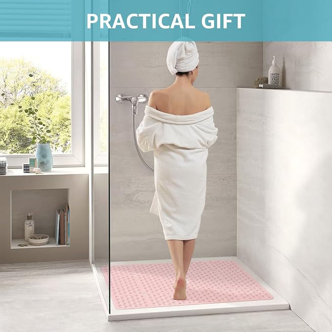 OTHWAY Square Shower Mat, 27"x 27" Extra Large Shower Mats for Inside Shower, TPE Anti Slip Shower mat with Suction Cups Drain Holes, Machine Washable Shower Floor Mat (Light Pink)