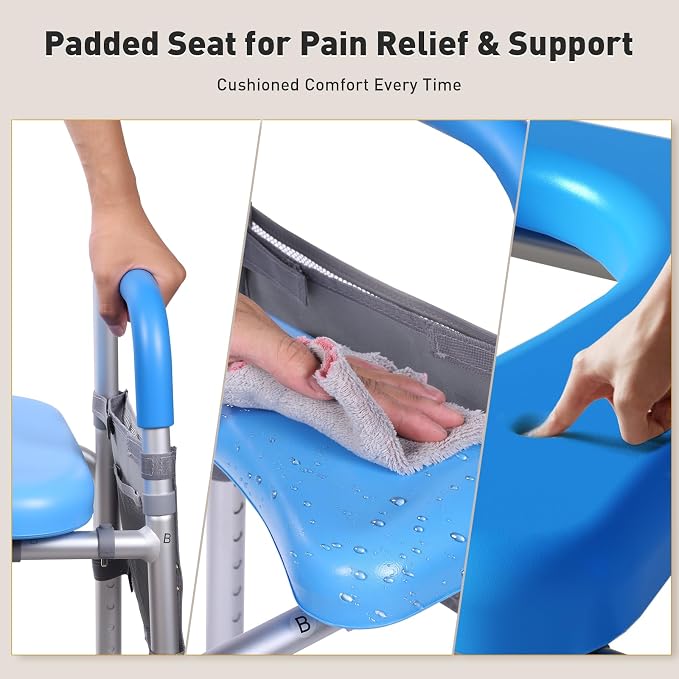 WHLICKS 500lbs Toilet Seat Risers with Handles, Padded Raised Toilet Seat for Seniors, Adjustable Height Toilet Riser, Handicap Elevated Seat, Fit Any Toilet, Blue