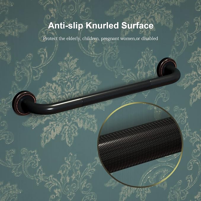 2 Pack 20 Inch Anti Slip Shower Grab Bar Oil Rubbed Black Bronze, ZUEXT Antique Brass Bathroom Grab Bar, Knurled Bath Balance Bar, Safety Handrail Support, Handicap Elderly Senior Assist Bath Handle