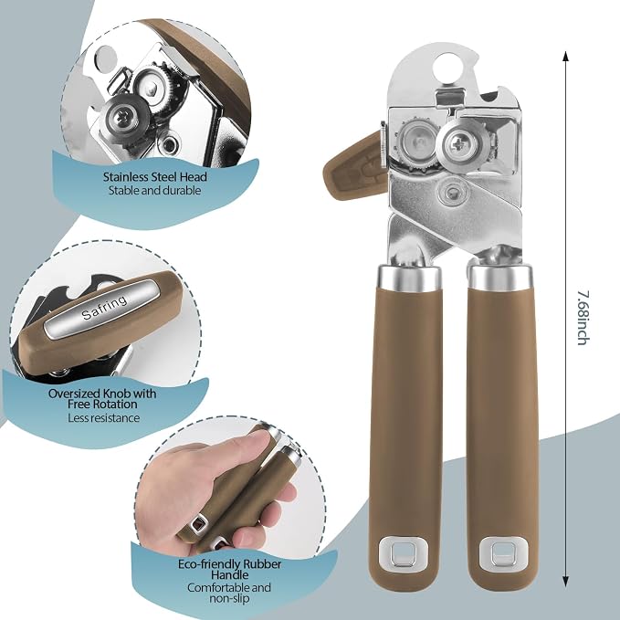 Safring Can Opener Manual, Heavy Duty Handheld Strong Can Opener with Soft Touch Handle, Sharp Blade Smooth Edge, Can Openers with Multifunctional Bottle Opener, Coffee