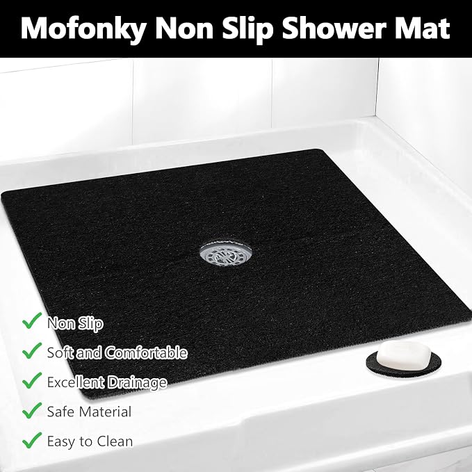 Shower Mat Non Slip: 31 x 31 Inch Extra Large Square Shower Mats with Drain Hole in Middle - Soft Loofah Quick Drying Matt for Shower Stall