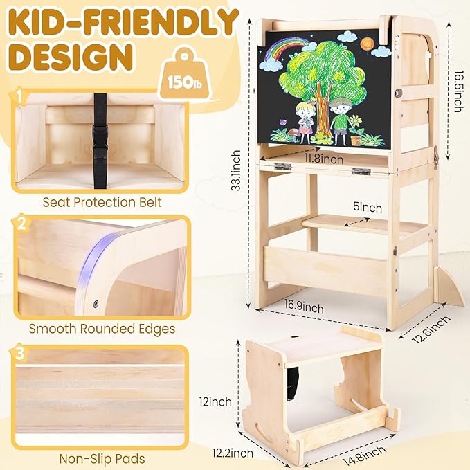 Woodure 6 in-1 Toddler Kitchen Step Stool with Wooden Stool, Foldable Learning Standing Tower with Blackboard & Feeding Tray, Wooden Kitchen Stool Helper for Kids, 1-3 Year Old Boy Girl Gifts