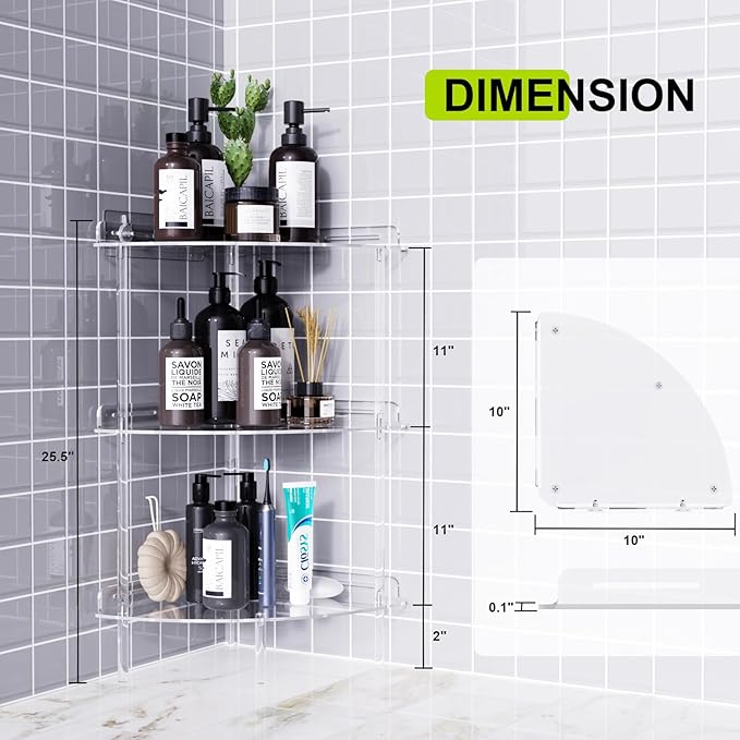 Bakzon Corner Shower Caddy, 3 Tier Acrylic Shower Organizer Corner for Inside Shower, Rustproof Floor Standing Shower Shelves for Bathroom, Clear