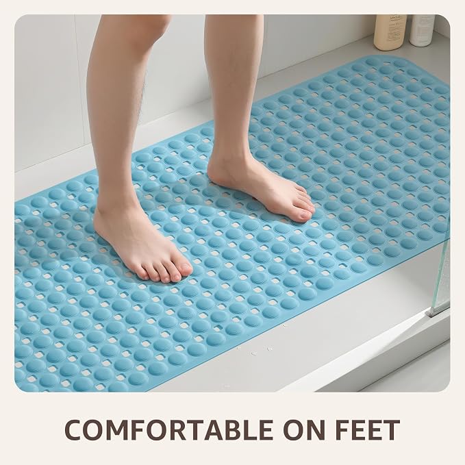 OTHWAY Bath Tub Shower Mat Non Slip, Bathtub Floor Liner Mats for Inside Shower Bathroom, Suction Cups and Drain Holes for Feet Scrubbing, Machine Washable, Soft on Feet, 35x16 Inch, Blue
