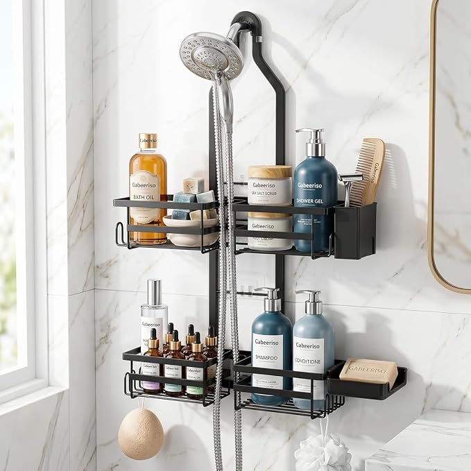 Shower Caddy Hanging for Handheld Showerhead - Rustproof Shower Organizer, 2-Tier No-Drill Over Showerhead Bathroom Shelf with Soap & Toothbrush Holder, Black